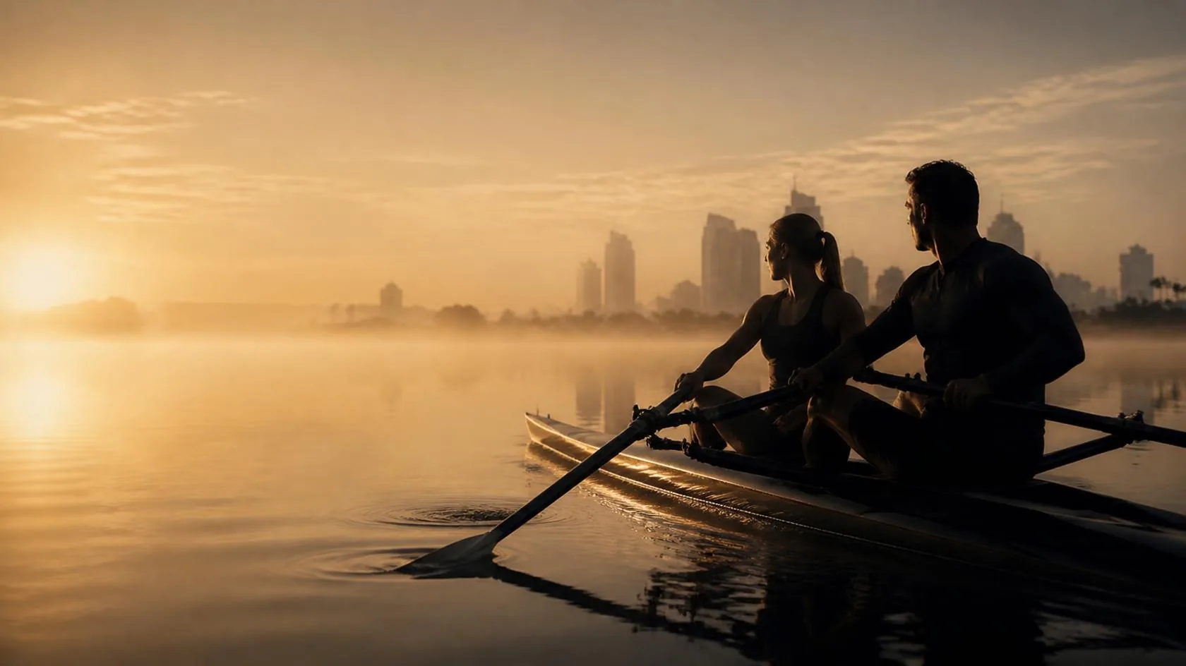 Rowers on the water at sunrise